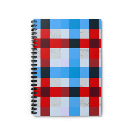 Red & Blue Plaid Spiral Notebook with compact design and metal spiral binding for easy writing on the go.