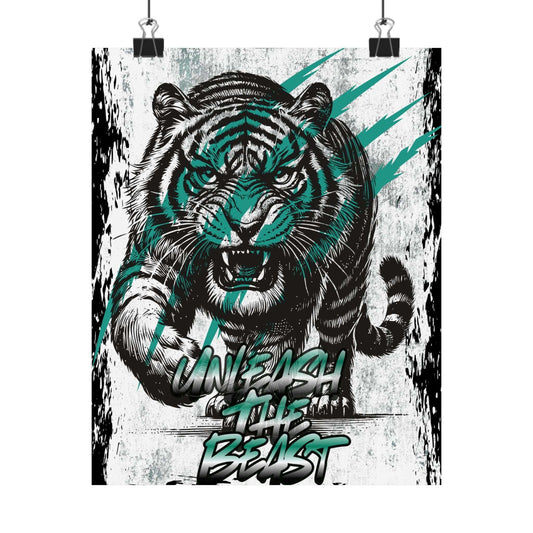 Powerful tiger wall art poster with Unleash the Beast quote