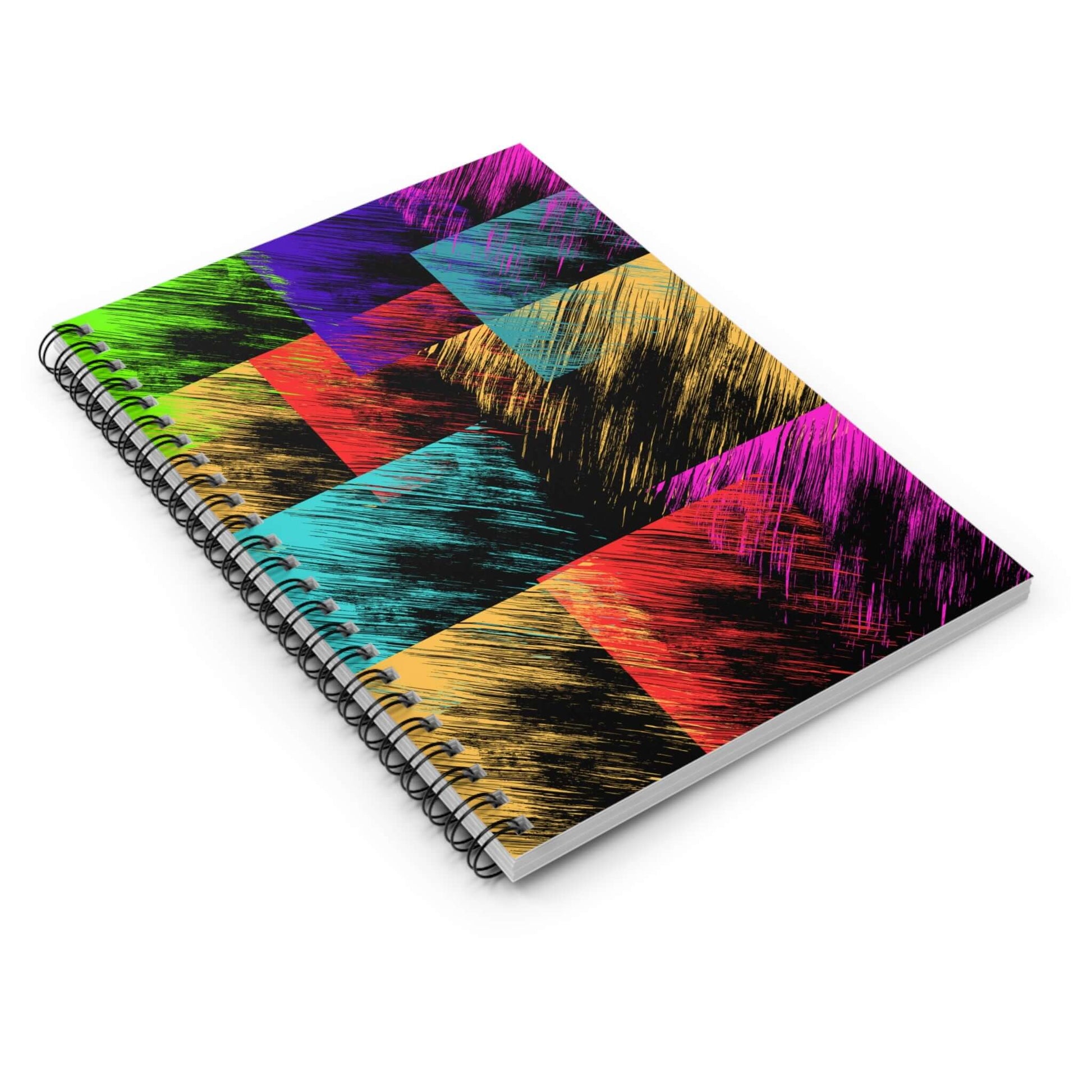 Colorblock spiral notebook for students featuring bold colors and dynamic patterns on the cover.
