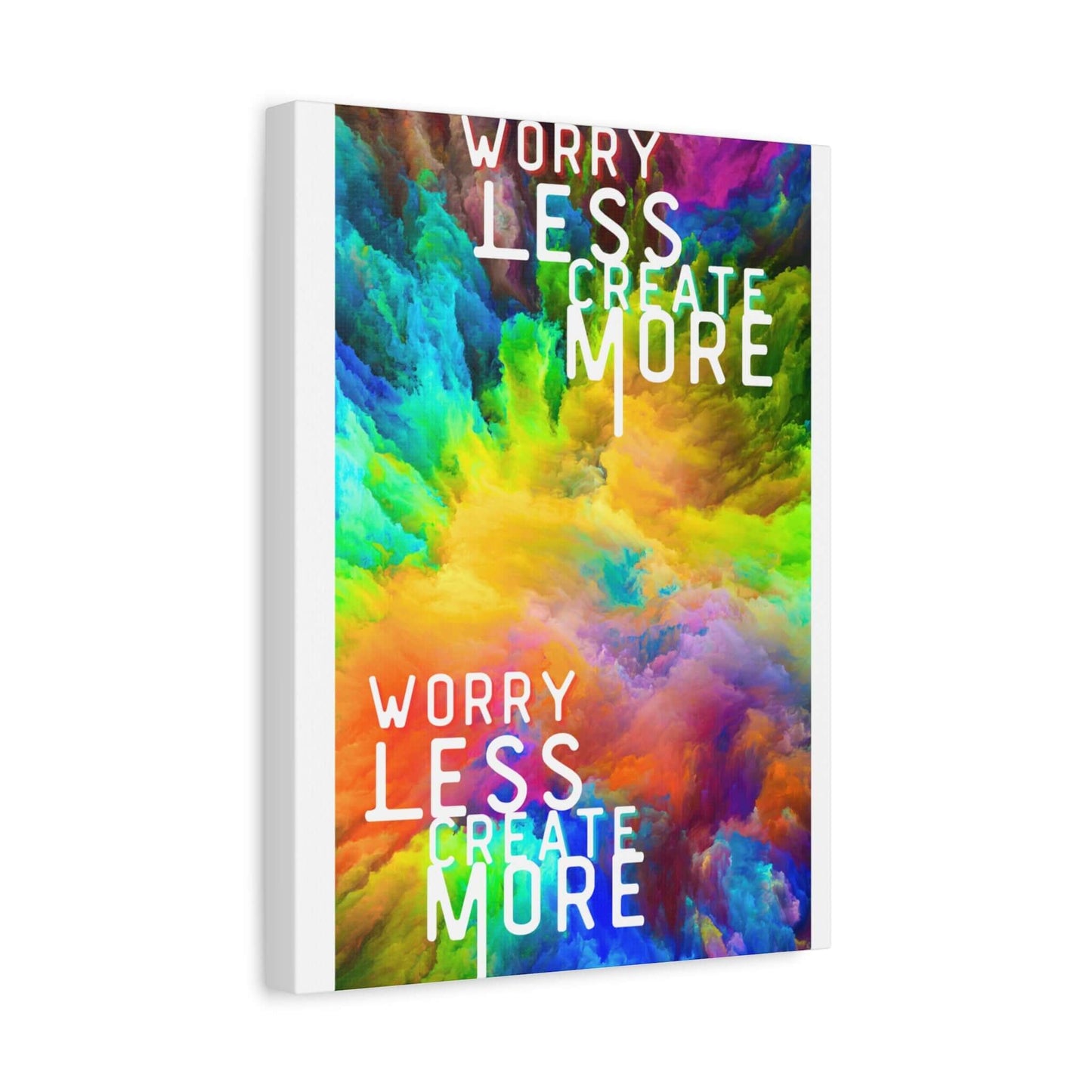 Colorful abstract wall art with the phrase 'Worry Less Create More' for inspirational decor.