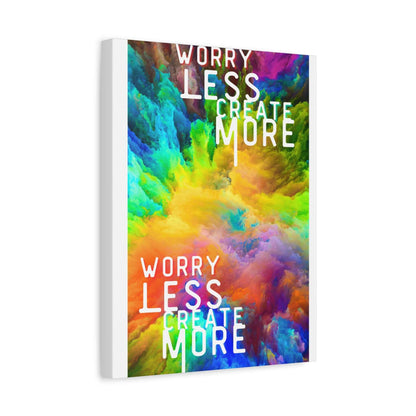 Colorful abstract wall art with the phrase 'Worry Less Create More' for inspirational decor.