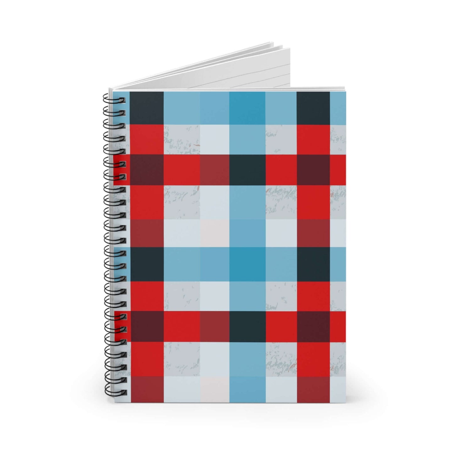 Plaid Spiral Notebook — Red & Blue Checked Ruled Journal with bold plaid cover and spiral binding.