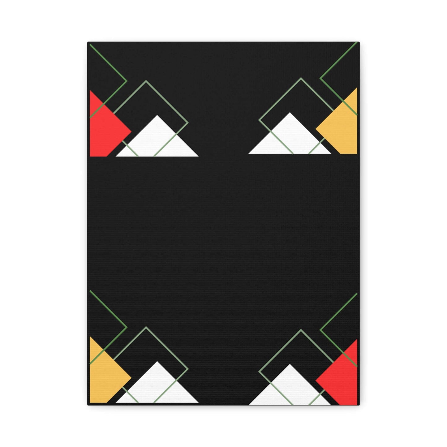 Modern black abstract wall art featuring geometric shapes in red, yellow, and white on a deep black background.