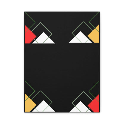 Modern black abstract wall art featuring geometric shapes in red, yellow, and white on a deep black background.