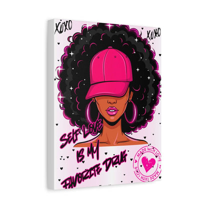 Self-Love Afro Chic Matte Canvas Wall Art featuring text "Self Love Is My Favorite Drink" in vibrant colors - afro chic wall art.