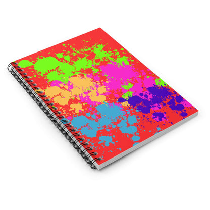 Neon Paint Splatter Notebook with vibrant splatter design on a bold red cover, showcasing colorful paint splashes.