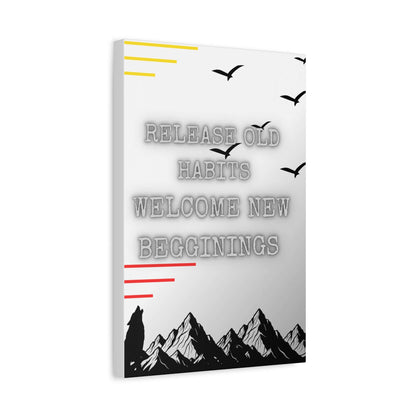 Motivational canvas art print featuring soft grayscale mountains and inspirational quote about new beginnings.