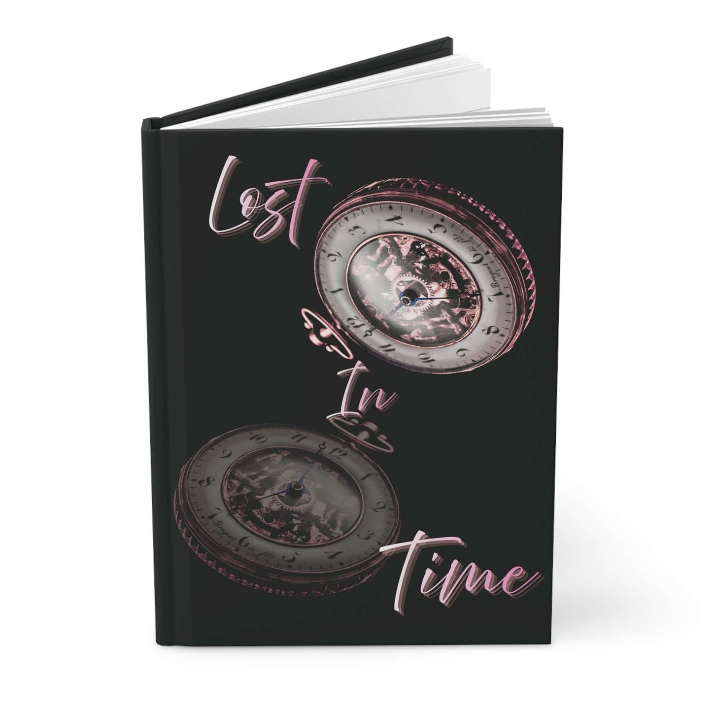 Lost in time hardcover journal featuring vintage clocks on a black background.