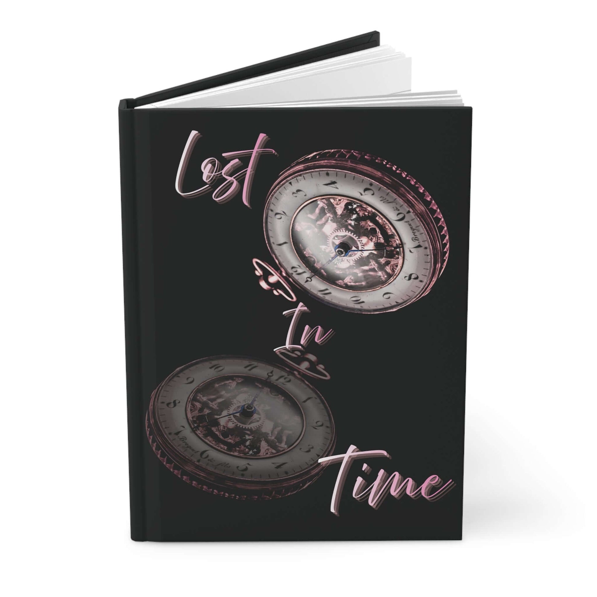 Lost in time hardcover journal featuring vintage clocks on a black background.