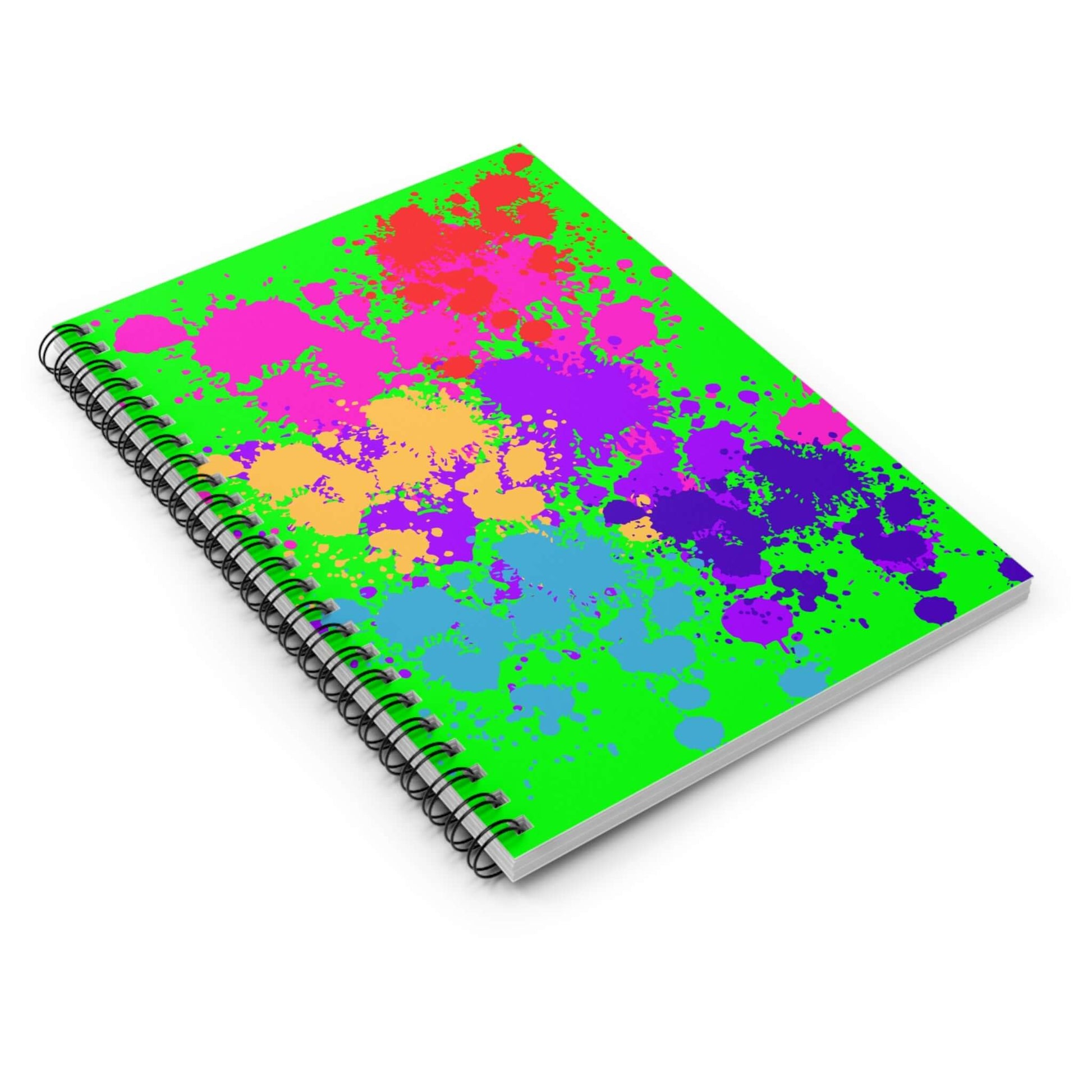Neon Paint Splatter Notebook with vibrant green cover and multicolored paint splatters, ideal for students and artists.