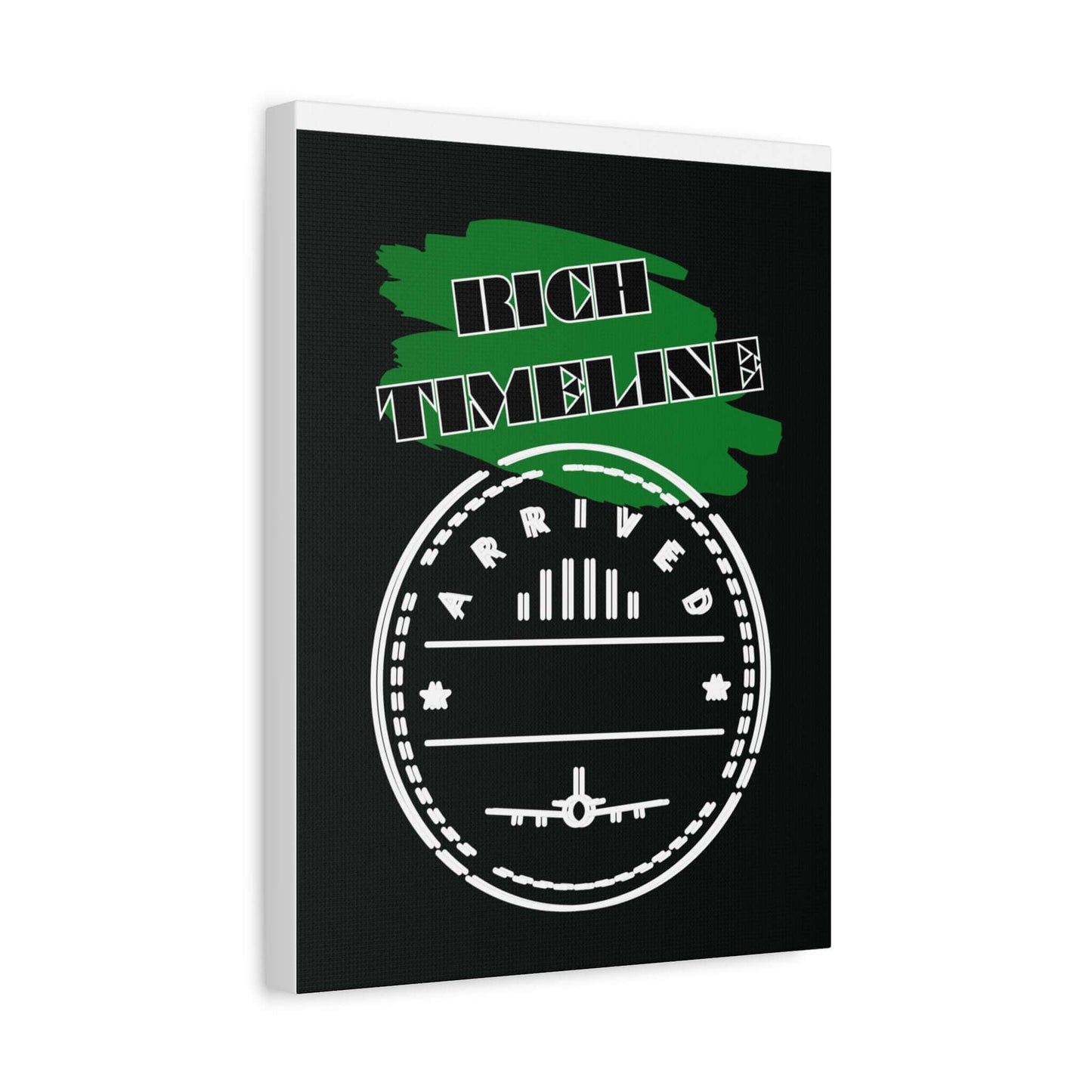 Rich Timeline Canvas Art featuring an airplane stamp on a black background, perfect for decoration.