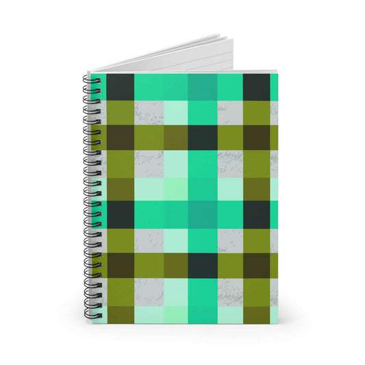 Turquoise plaid spiral notebook featuring a modern design with cool teal and olive tones.