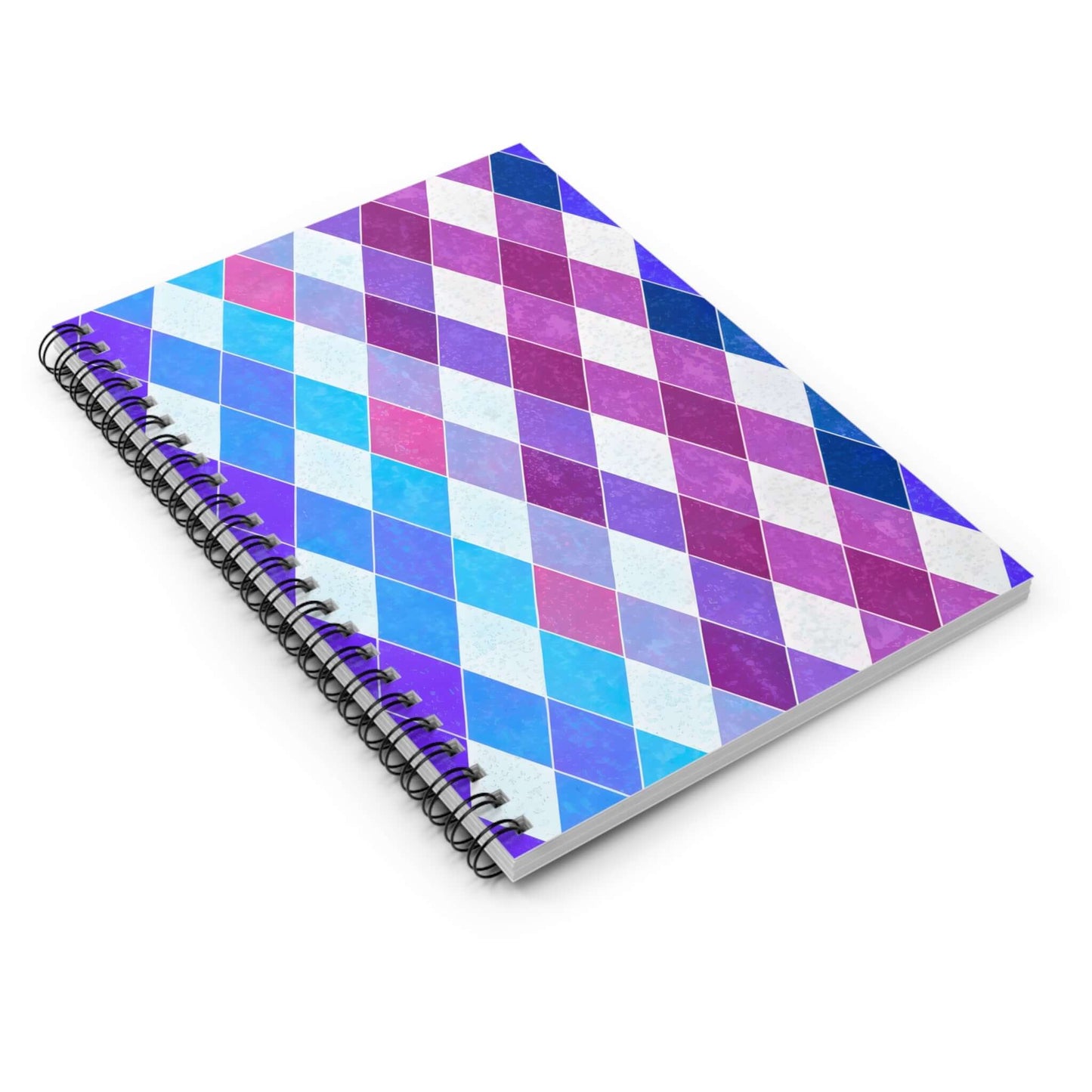Argyle violet spiral notebook with a geometric design in blues and purples, ideal for school and note-taking.