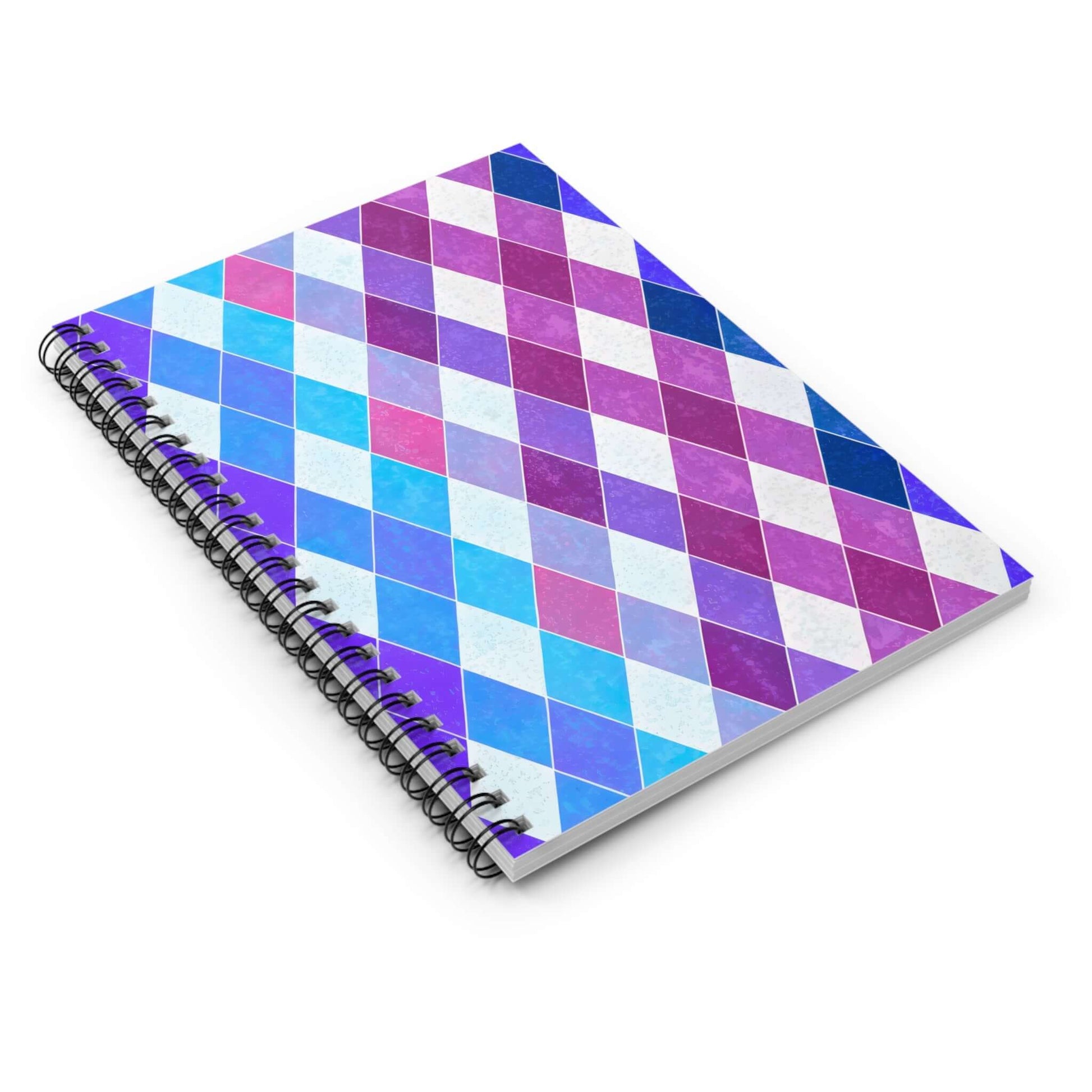 Argyle violet spiral notebook with a geometric design in blues and purples, ideal for school and note-taking.