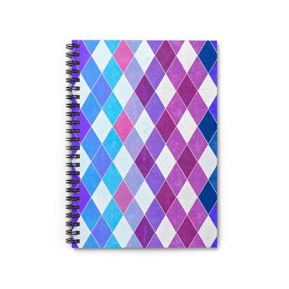 Argyle violet spiral notebook featuring a vibrant geometric design in blues, pinks, and purples for school and notes.