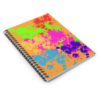 Bright Paint Splatter Spiral Notebook with colorful splatter design and metal spiral binding.